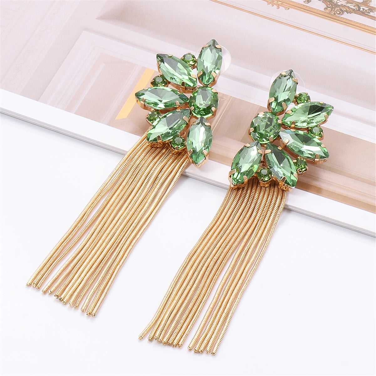 Green Crystal & Goldtone Botany Tassel Drop Earrings