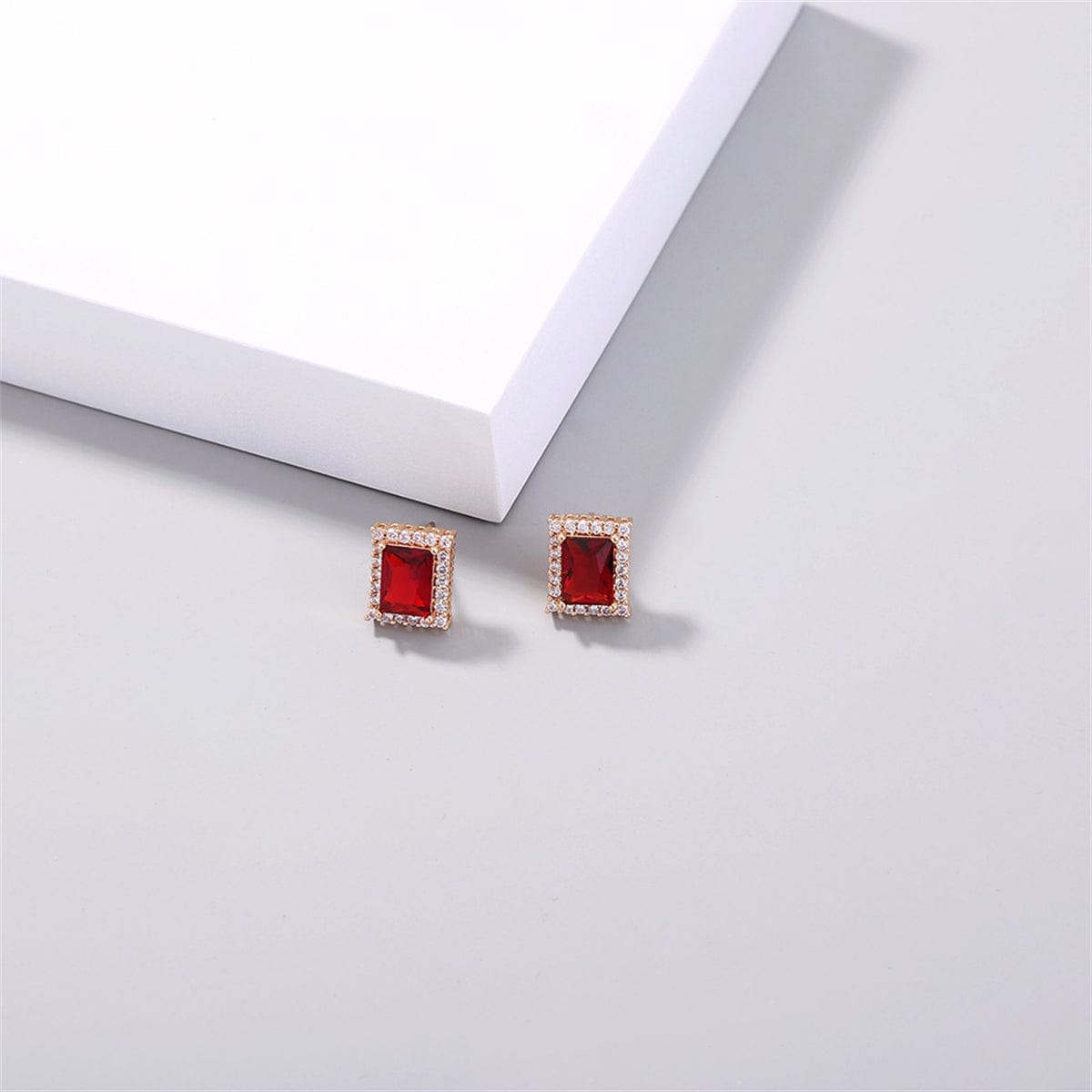 Red Crystal & Cubic Zirconia Goldtone Rectangle Halo Stud Earrings