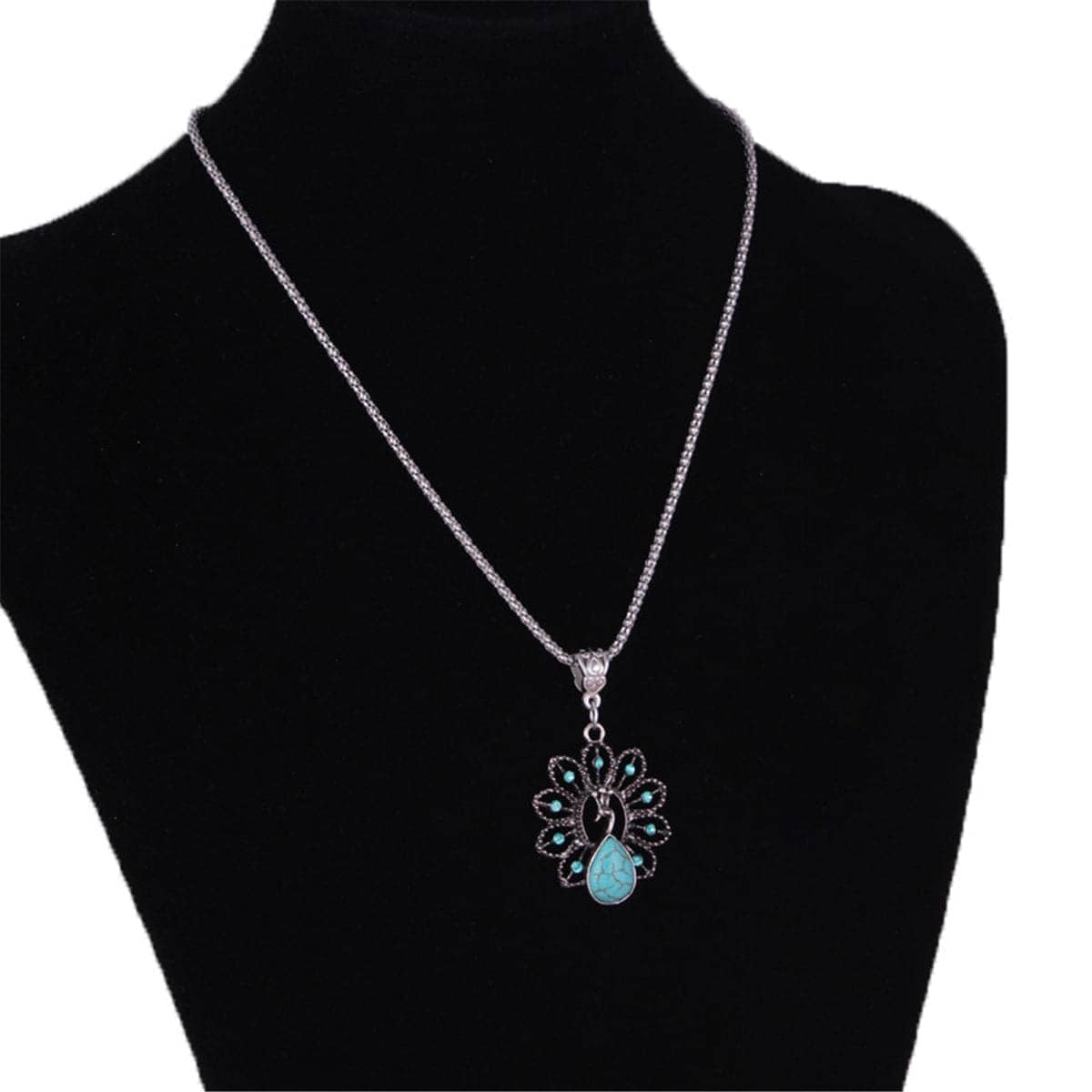 Turquoise & Cubic Zirconia Silvertone Peacock Pendant Necklace
