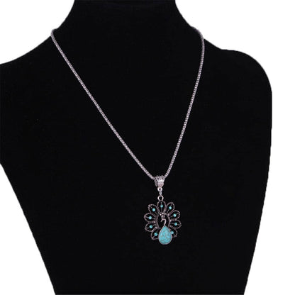 Turquoise & Cubic Zirconia Silvertone Peacock Pendant Necklace