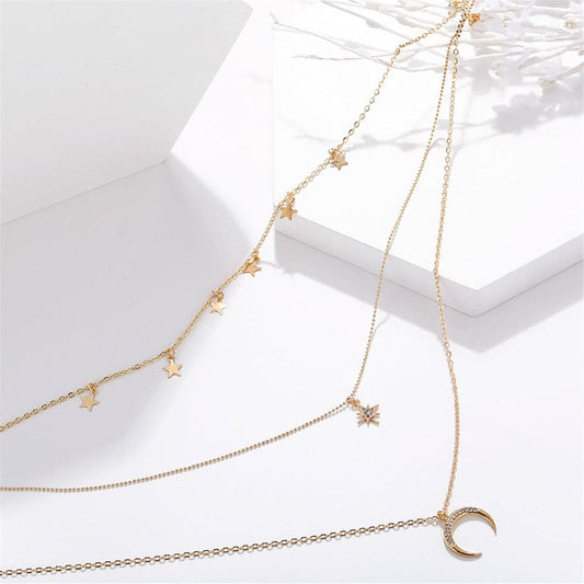 Cubic Zirconia & Goldtone Moon & Star Station Layer Necklace