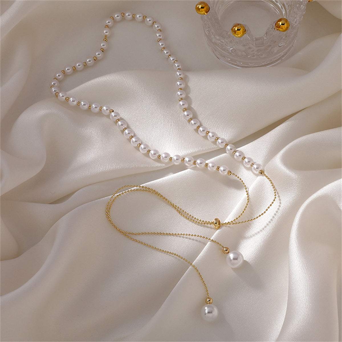 Pearl & Goldtone Adjustable Ball Chain Lariat Necklace