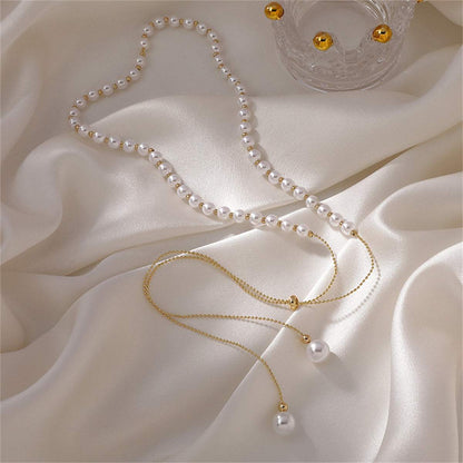 Pearl & Goldtone Adjustable Ball Chain Lariat Necklace
