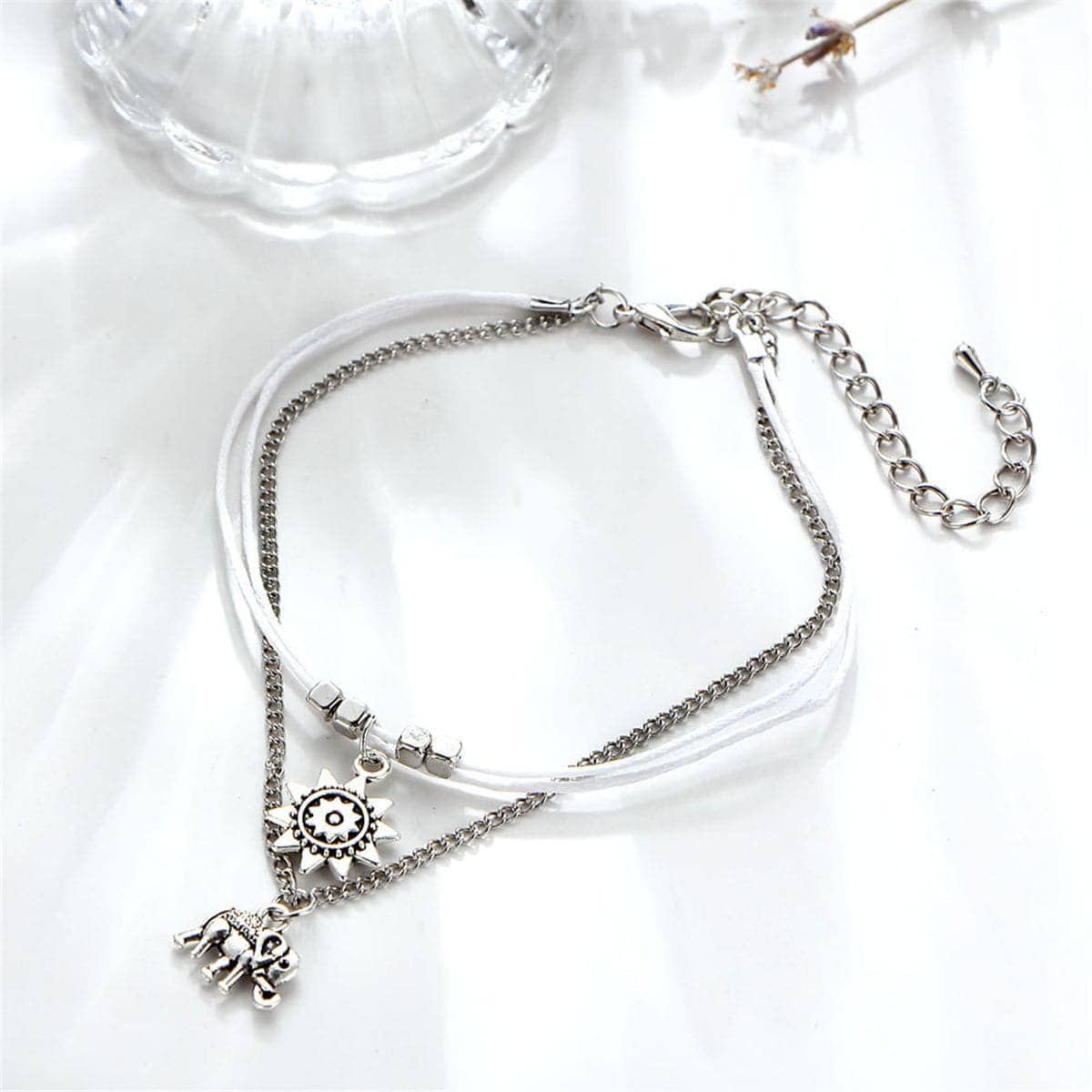 Silvertone Sun & Elephant Cham Layered Anklet
