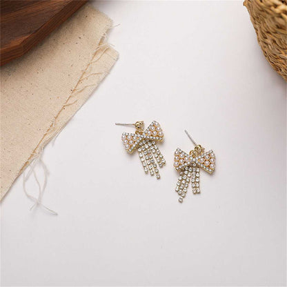 Pearl & Cubic Zirconia Goldtone Bow Tassel Drop Earrings