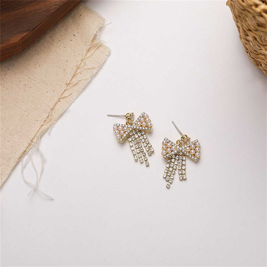 Pearl & Cubic Zirconia Goldtone Bow Tassel Drop Earrings