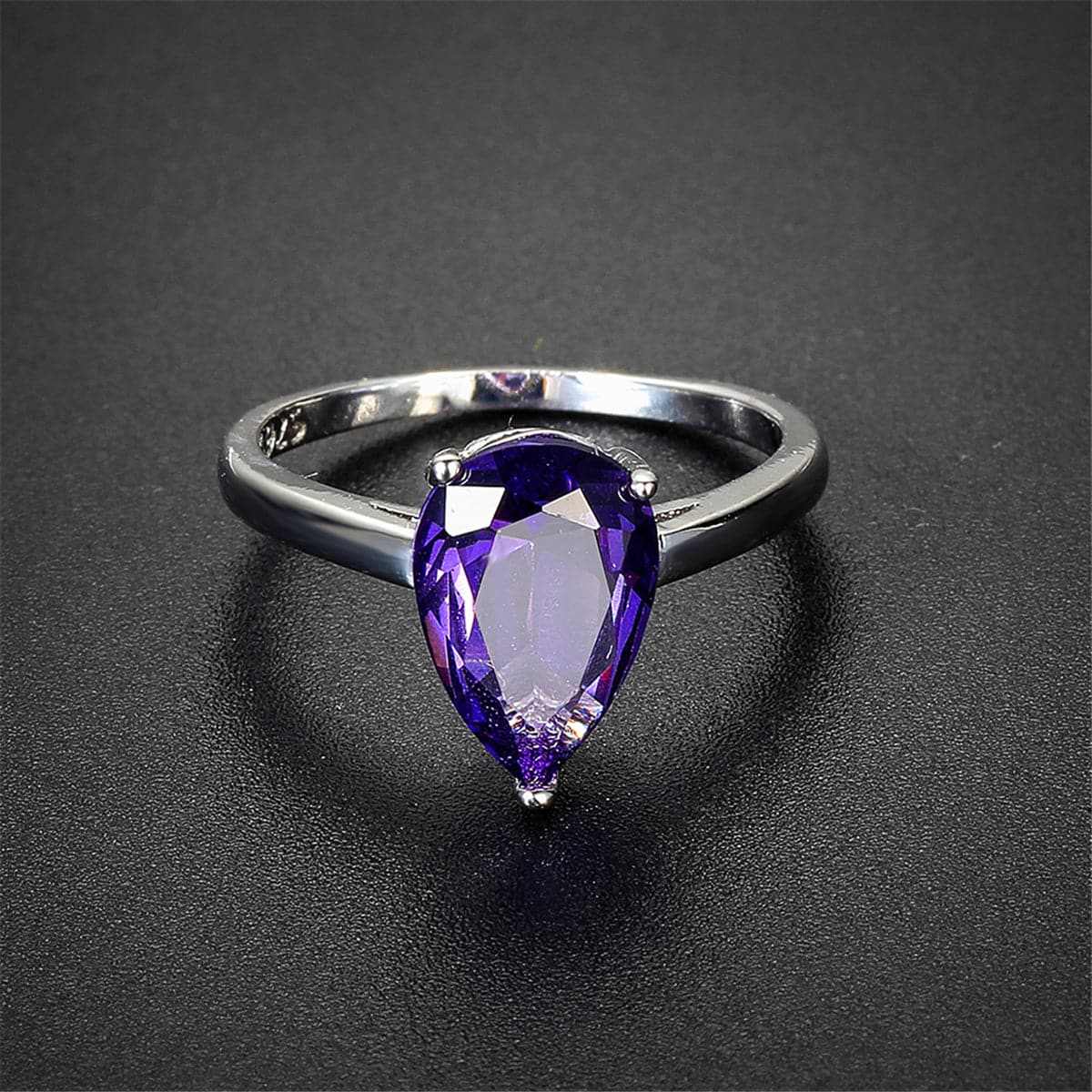 Purple Crystal & Silvertone Pear-Cut Ring