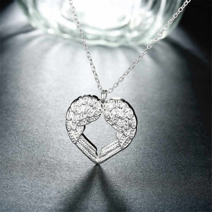 Silvertone Heart Shape Wings Pendant Necklace