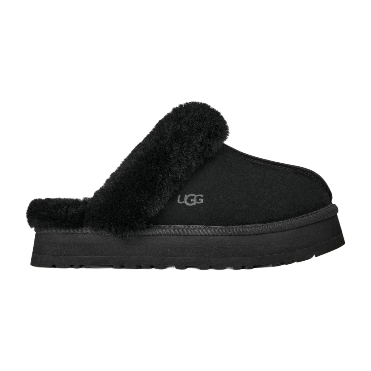 UGG Disquette Womens Platform Slippers — Black Suede