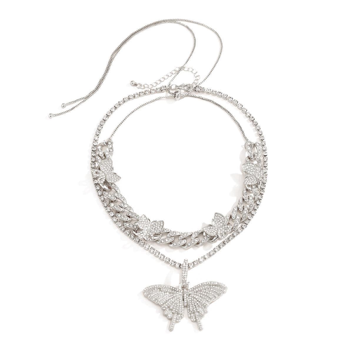 Cubic Zirconia & Silvertone Butterfly Pendant Necklace Set