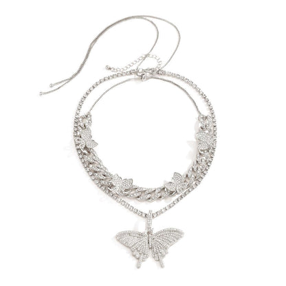 Cubic Zirconia & Silvertone Butterfly Pendant Necklace Set