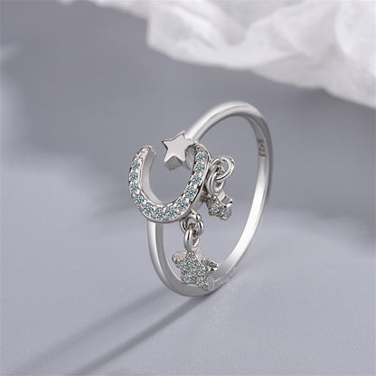 Cubic Zirconia & Silvertone Celestial Star Tassel Open Ring