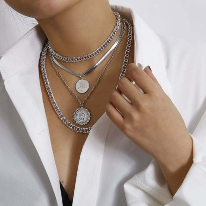 Silvertone Coin Layered Pendant Necklace Set