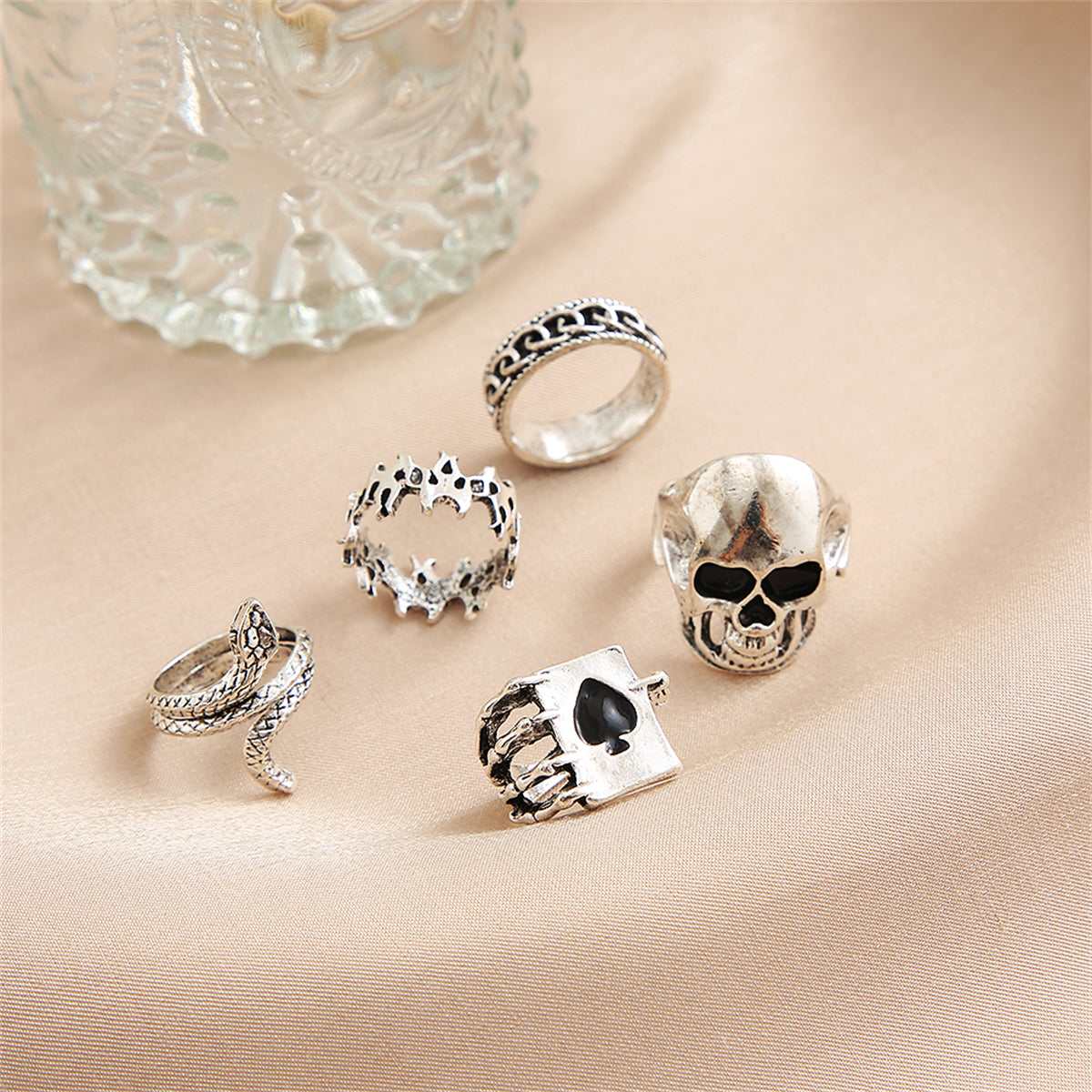 Silvertone Oxidized Skull Ring Set