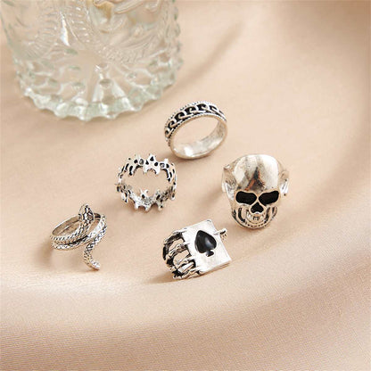 Silvertone Oxidized Skull Ring Set