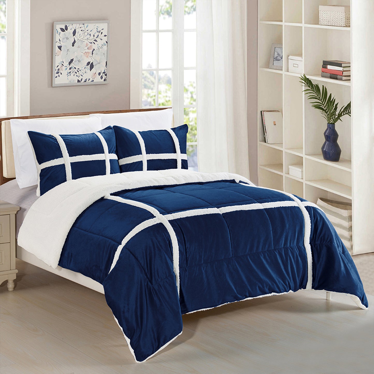 Elegant Comfort 3-Piece Stripe Micro-Suede Reversible Sherpa - Comforter Set