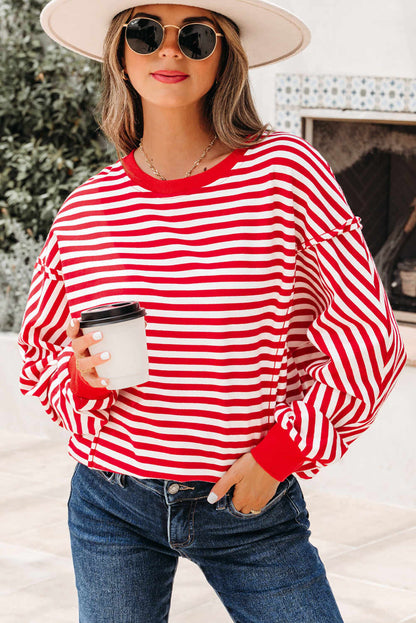 Gracelynn Shoulder Casual Pullover Top - Red Stripe / L - 12/14
