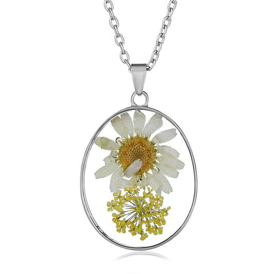 Pink & Yellow Pressed Flower Oval Pendant Necklace