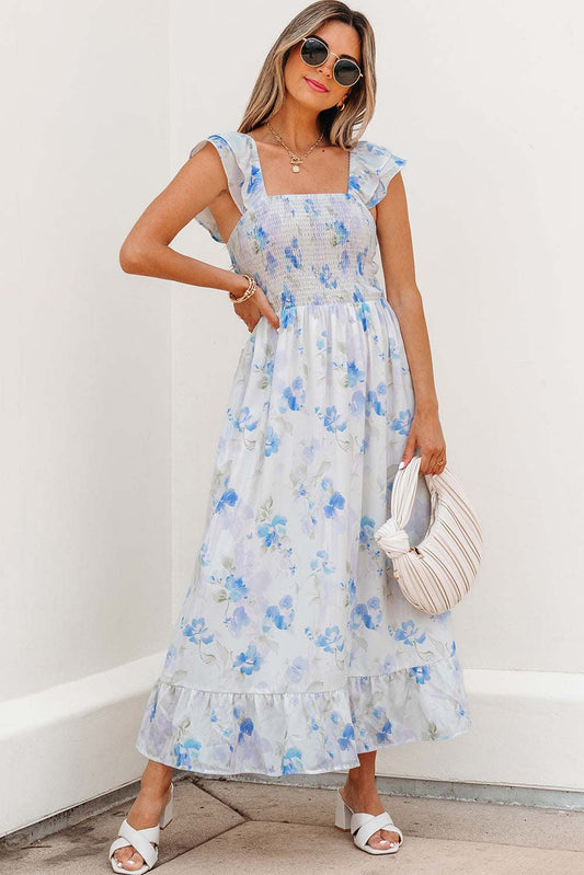 Threaded Pear Josephine Floral Smocked High Waist Sleeveless Long Dress