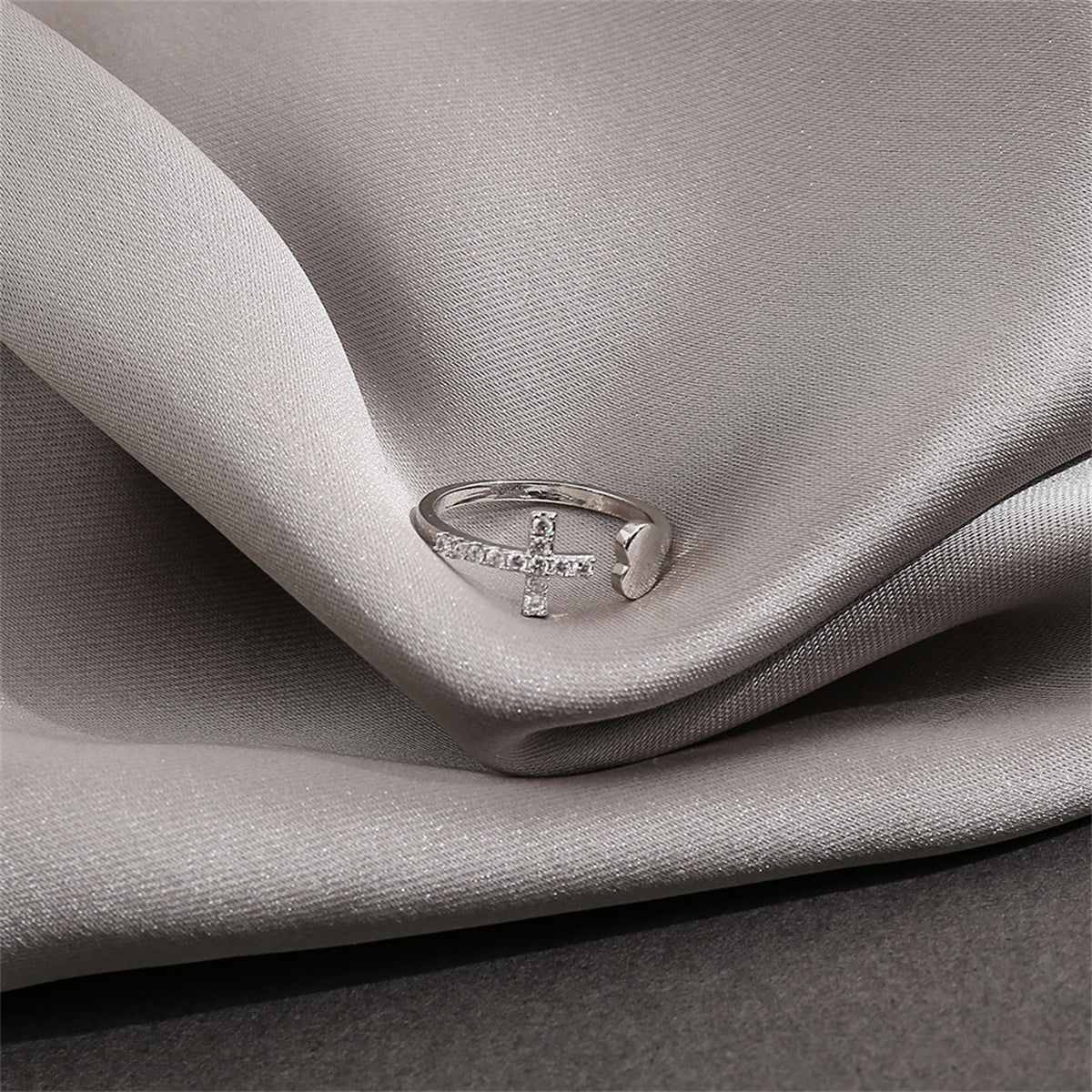 Cubic Zirconia & Silvertone Pavé Heart Cross Bypass Ring