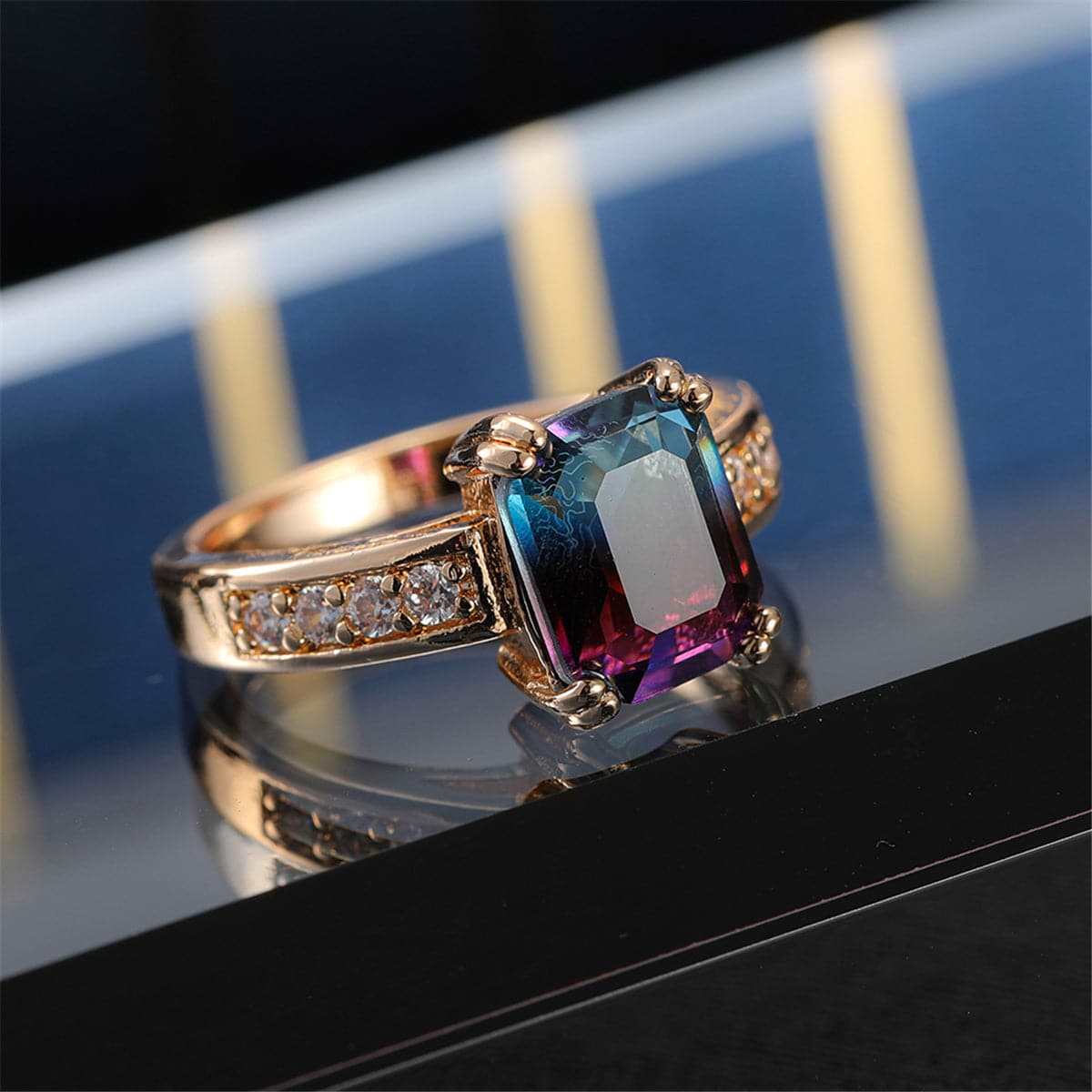 Purple Crystal & Cubic Zirconia Rectangle Double-Prong Ring
