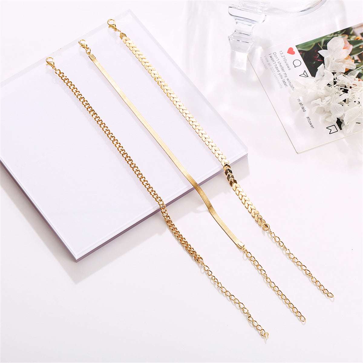 Goldtone Chain Trio Anklet Set