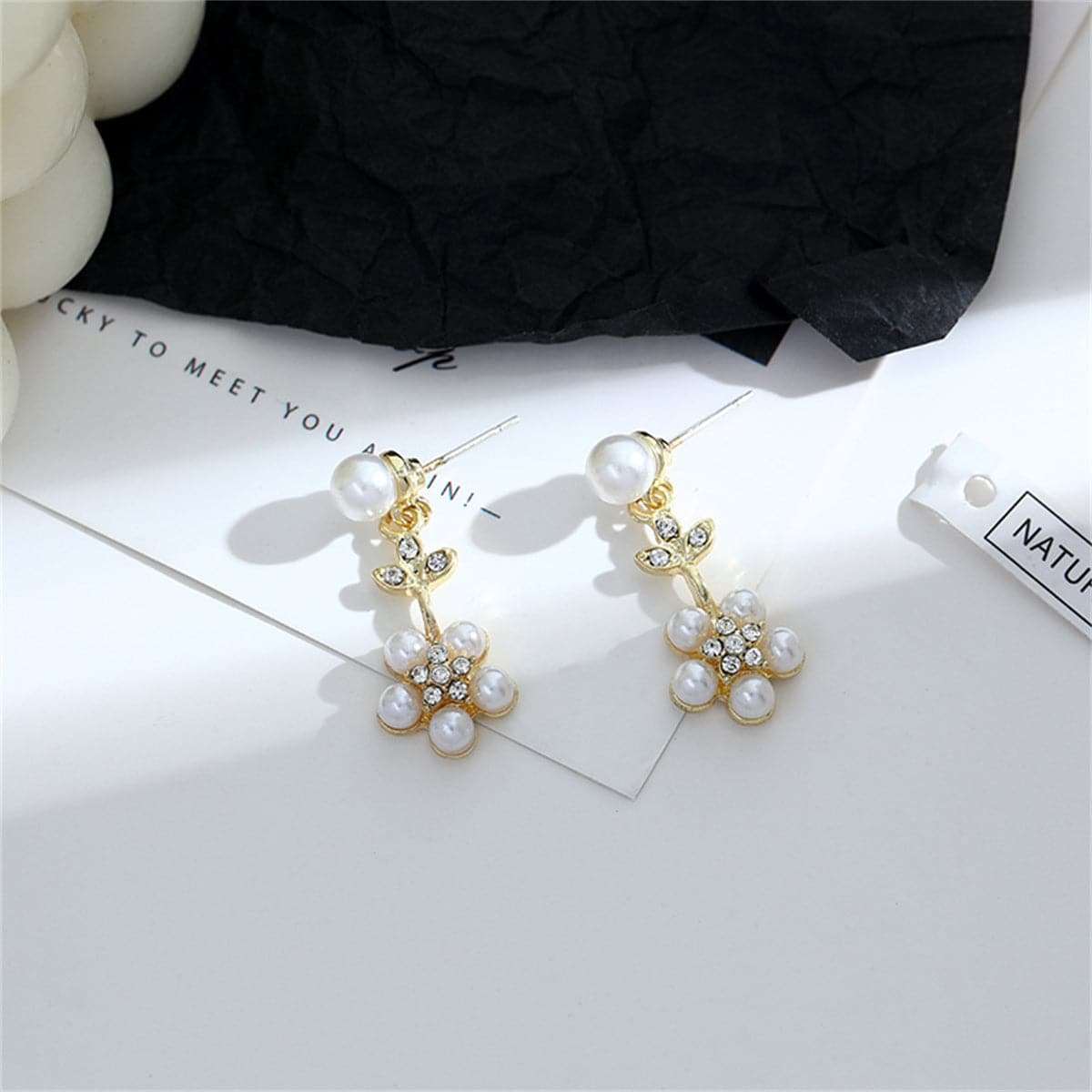 Pearl & Cubic Zirconia Goldtone Floral Drop Earrings
