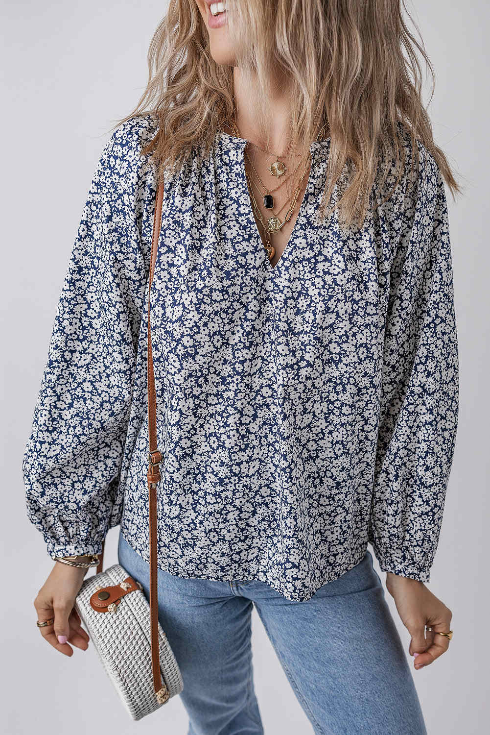 Amelie Notched Puff Sleeve Blouse - Blue / L - 12/14