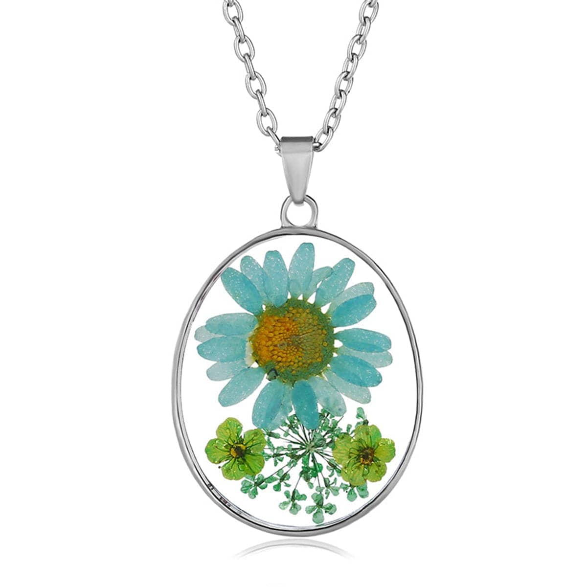 Blue Pressed Mum & Silvertone Oval Pendant Necklace