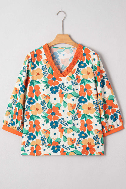 Threaded Pear Lily Print Bracelet Sleeve Blouse