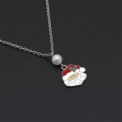 Pearl & Red Enamel Silvertone Santa Pendant Necklace