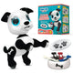 Black and white robot dog, white remoted, black, red, blue and gray food