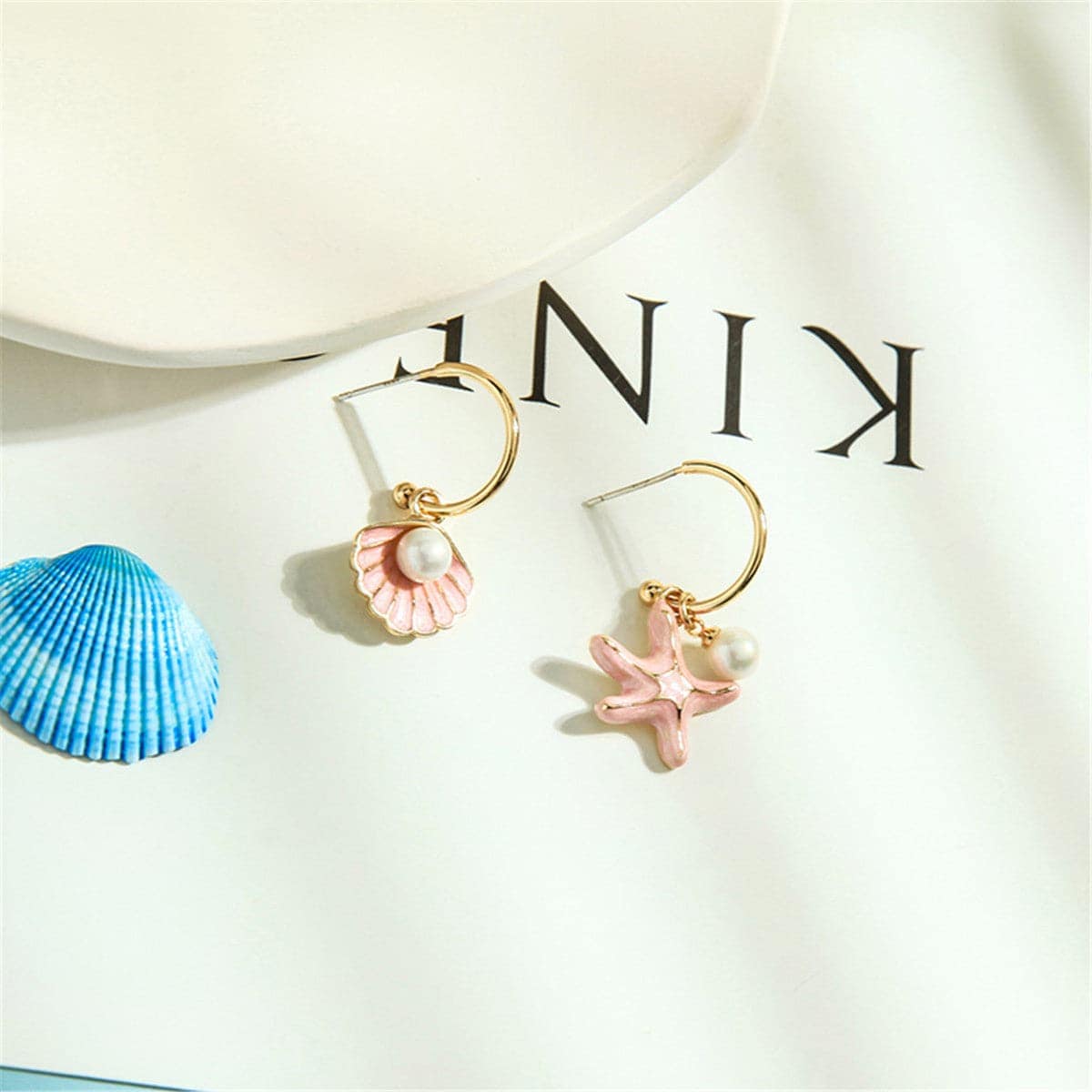 Red Enamel & Pearl Goldtone Shell & Starfish Drop Earrings