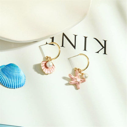 Red Enamel & Pearl Goldtone Shell & Starfish Drop Earrings