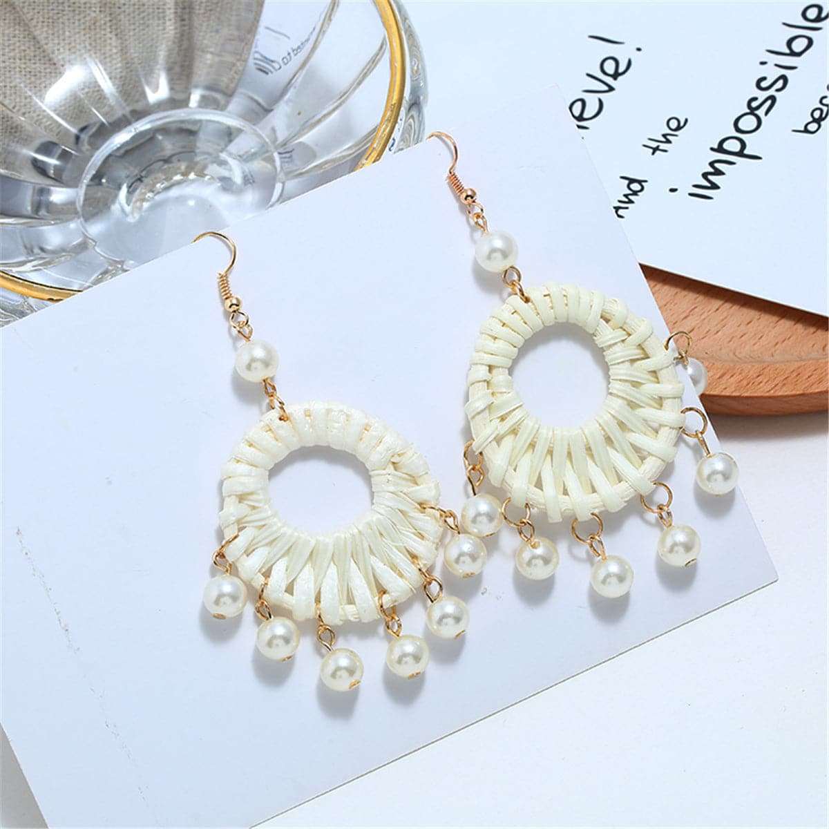 Rattan & Pearl Goldtone Drop Earrings