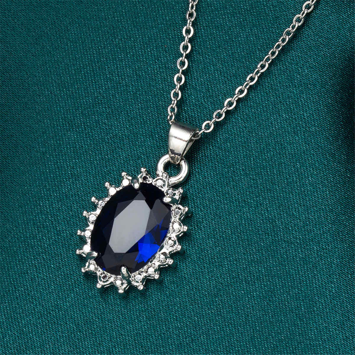 Navy Crystal & Silvertone Oval Pendant Necklace