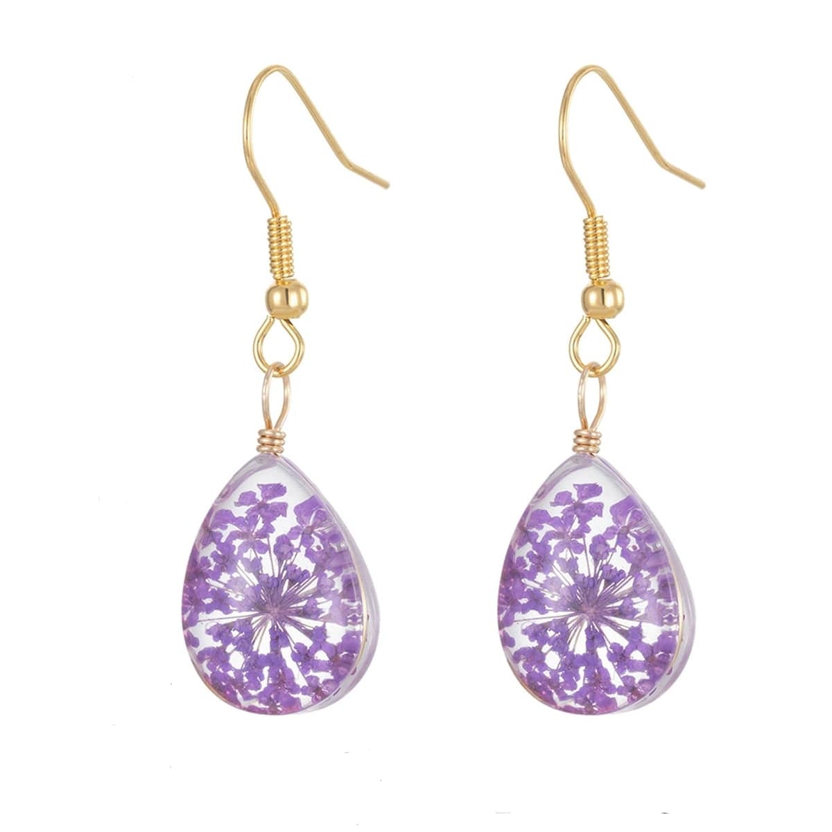 Purple Pressed Flower & Goldtone Drop Hook Earrings