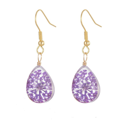 Purple Pressed Flower & Goldtone Drop Hook Earrings