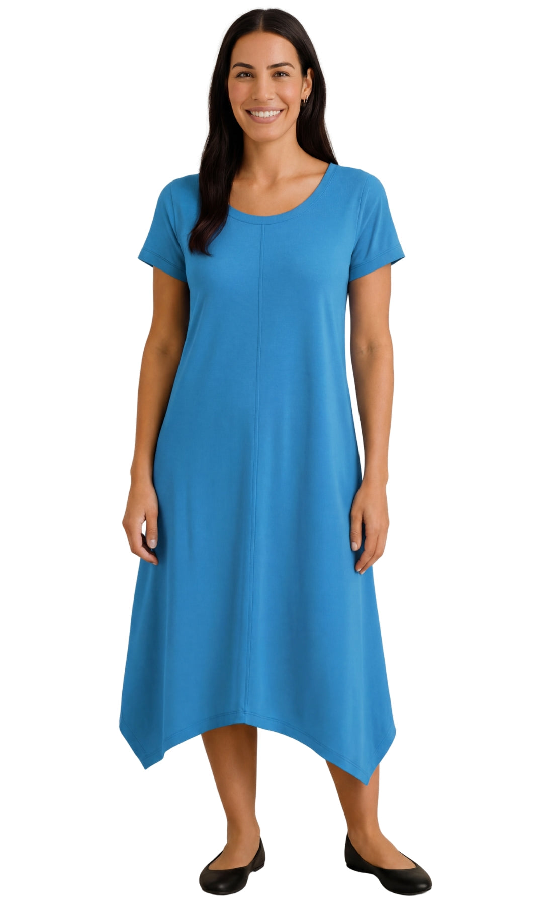 Women's Knit Wide Scoop Neck Short Sleeve Dress in A-line Aymmetrical Hem