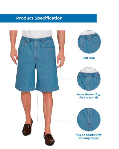 Men's Stretch Waist Pull On Shorts  in Denim and Twill - Free of Buttons & Snaps
