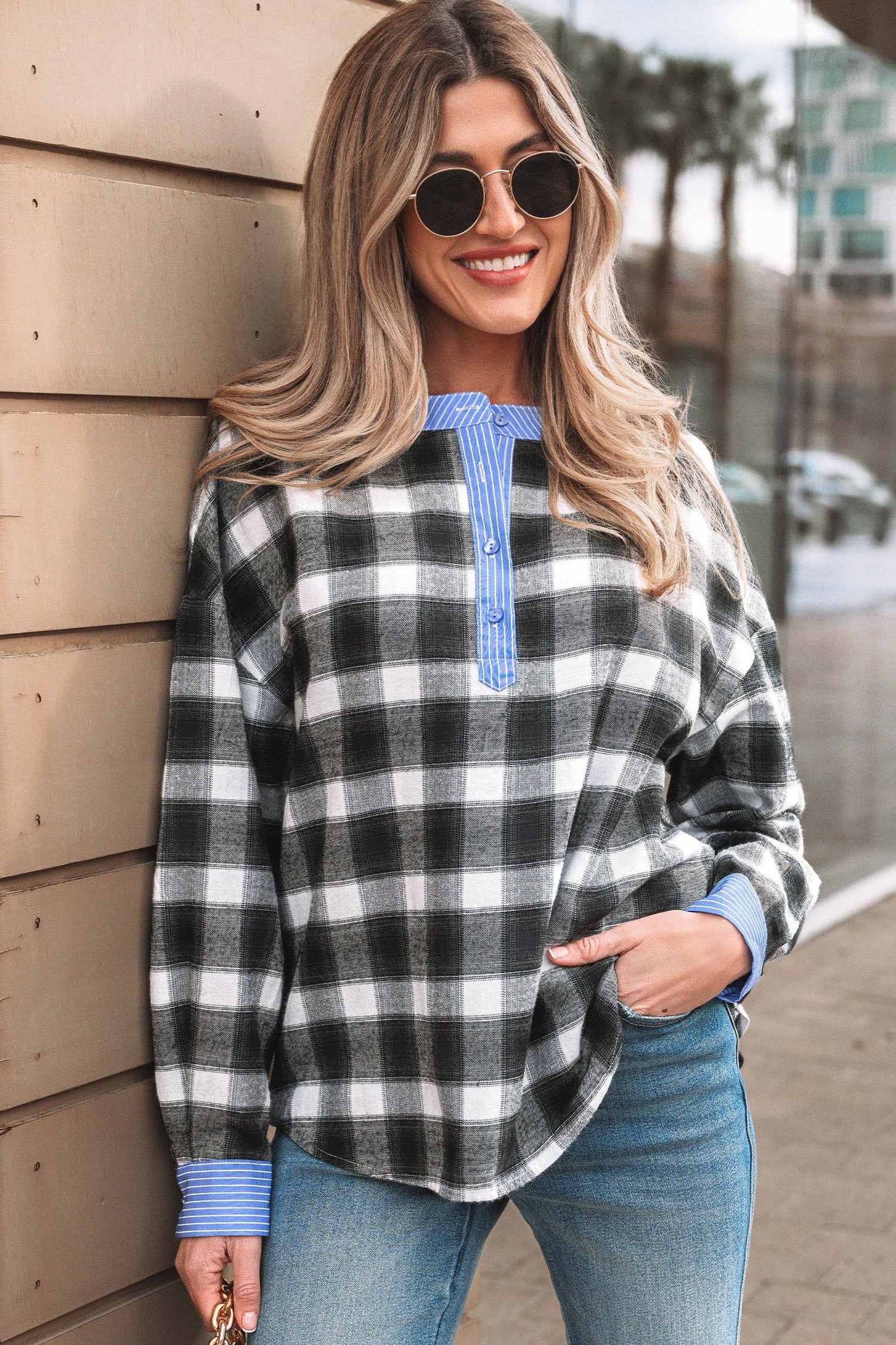 Ezra Half Placket Plaid Blouse - Black / L - 12/14