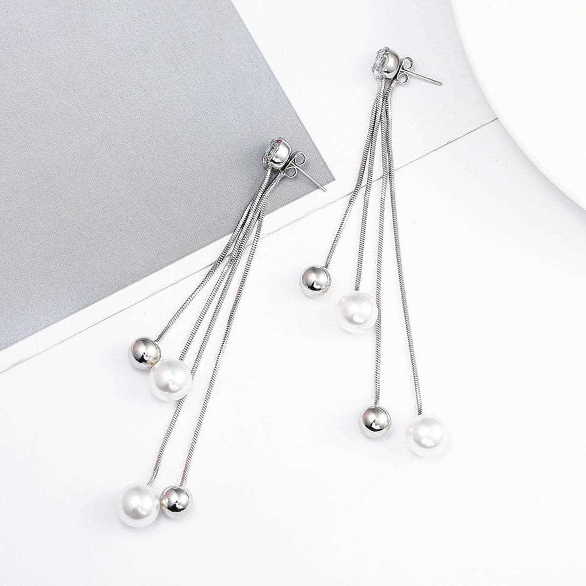 Pearl & Cubic Zirconia Silvertone Ball Tassel Drop Earrings