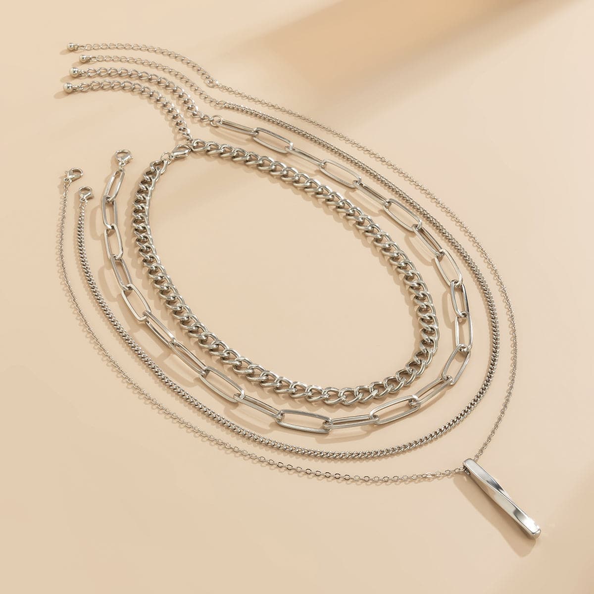 Silvertone Bar Pendant Necklace Set