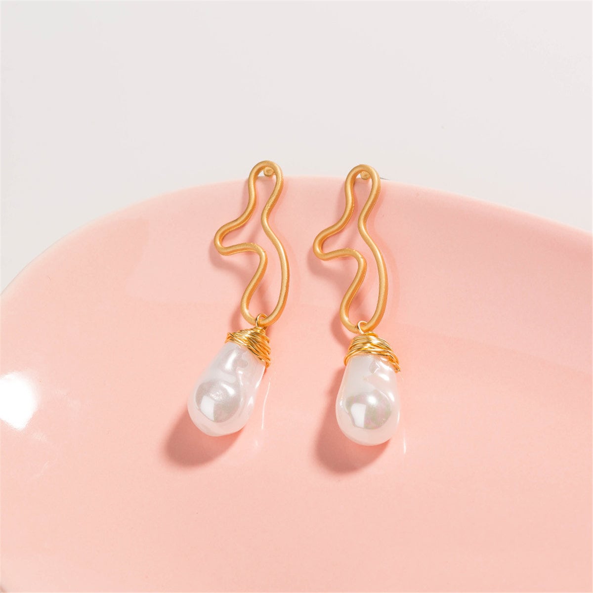 Pearl & Goldtone Open Geometric Drop Earrings