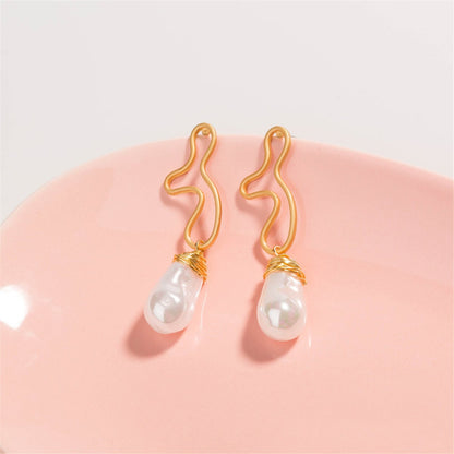 Pearl & Goldtone Open Geometric Drop Earrings