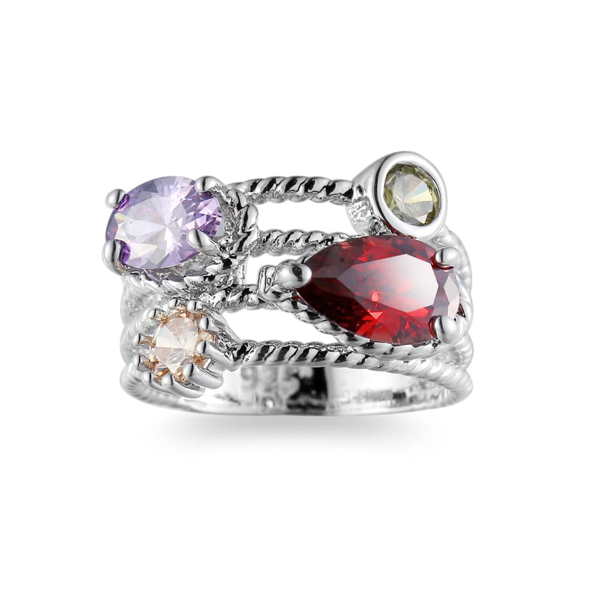 Red & Purple Cubic Zirconia & Crystal Stacked Ring-1
