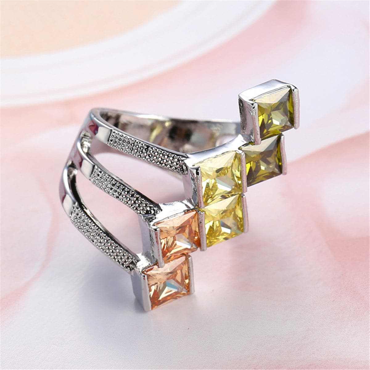 Green Crystal & Silvertone Princess-Cut Ring