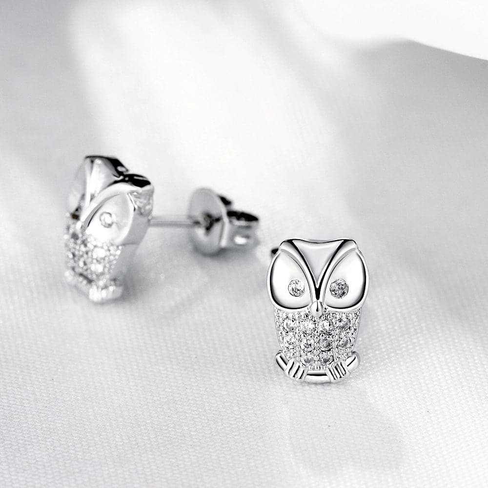 Cubic Zirconia & Silvertone Owl Stud Earrings