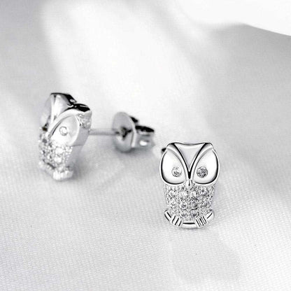 Cubic Zirconia & Silvertone Owl Stud Earrings