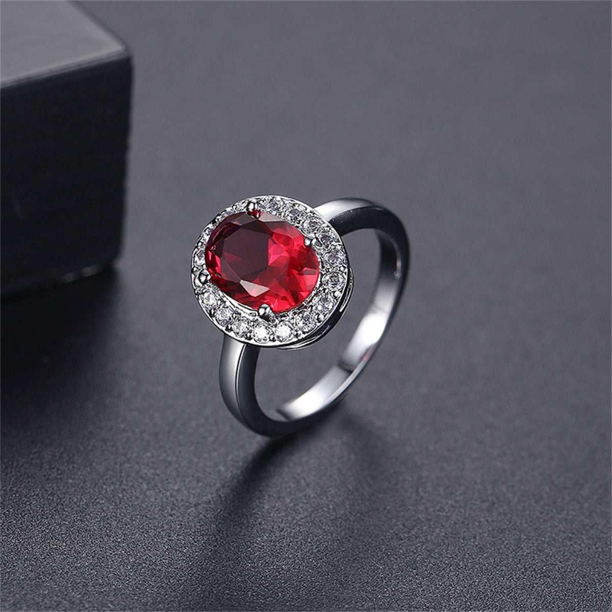 Red Crystal & Cubic Zirconia Silvertone Halo Oval Ring-1